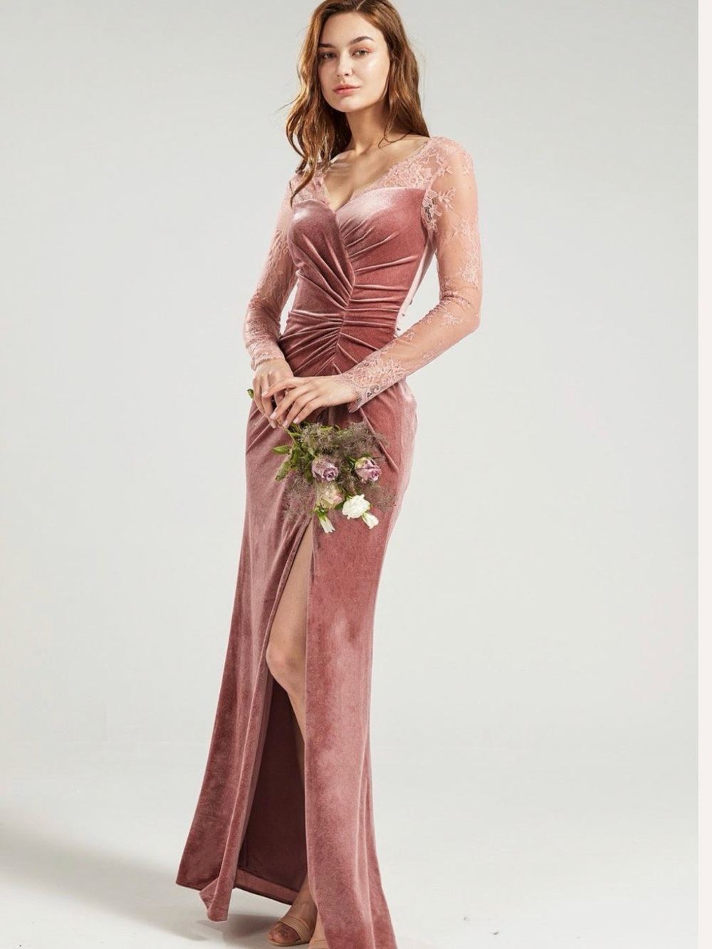 Ruched Velvet Lace Long-Sleeve Gown in Dusty Lavender